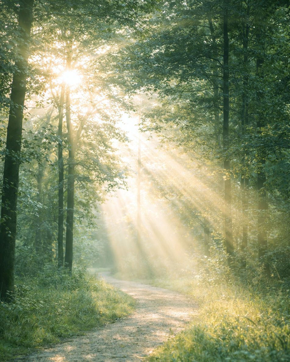 Morgensonne im Waldweg1-grün Morgensonne im Waldweg